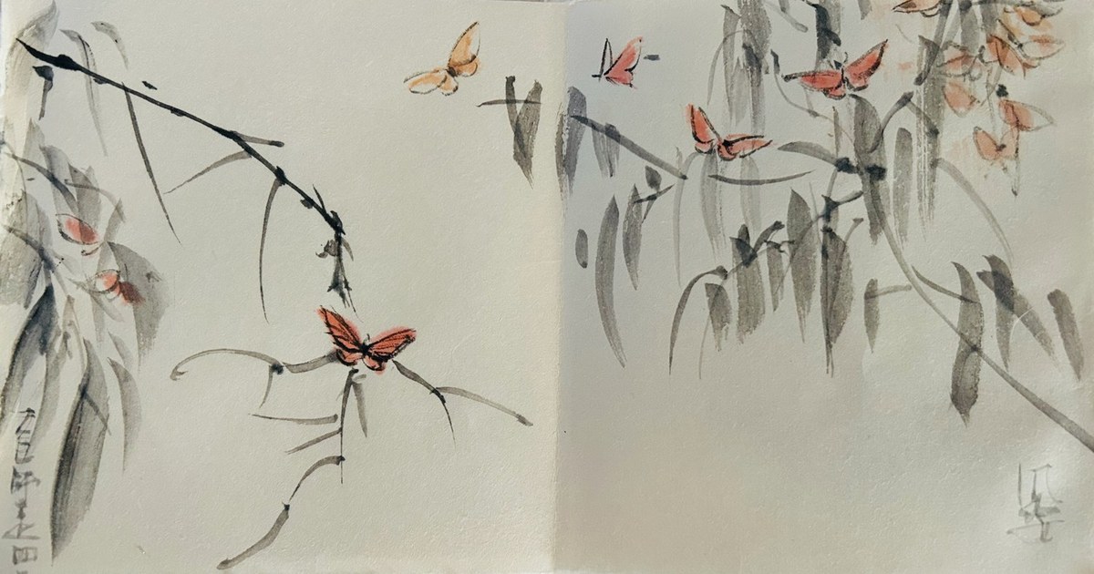 Eucalyptus and monarchs sketchbook study, sumi ink and gansai, 2025, Fumiyo Yoshikawa